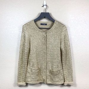 Elie Tahari Gold Gilt Snap Front Knit Jacket Size Mediun